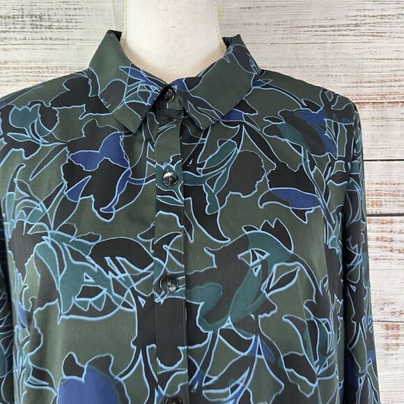 LOGO Lori Goldstein Blouse Tunic size Medium Olive Green Blue Floral Ruffle Slim - Picture 4 of 12